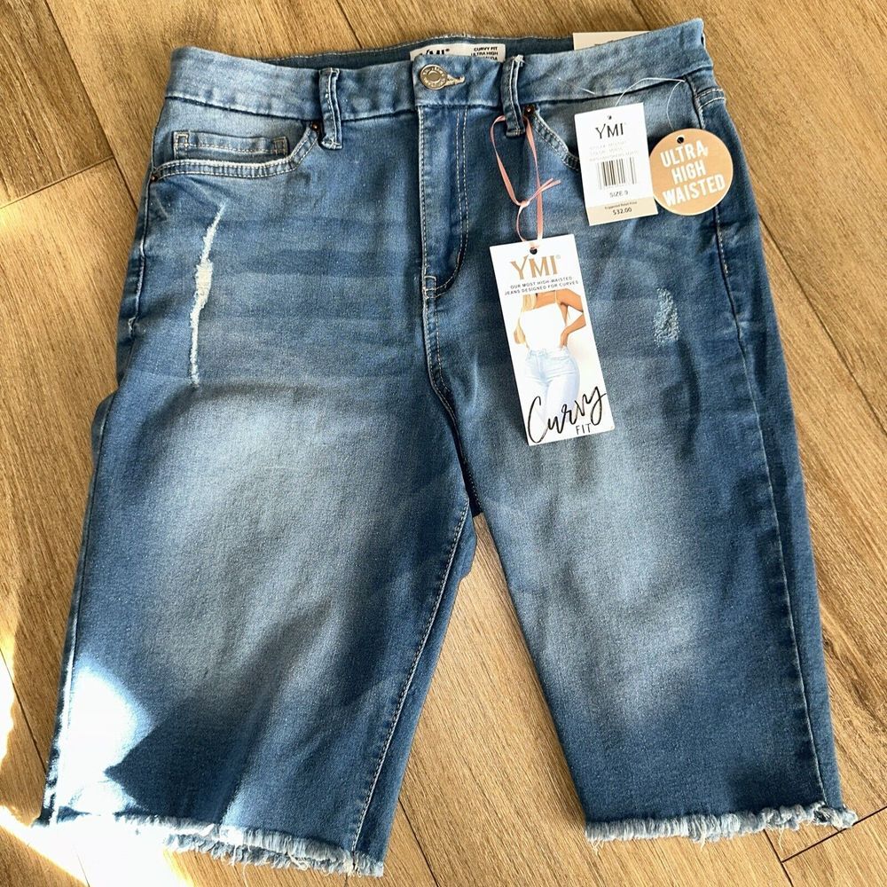 YMI High Rise Bermuda Jean Shorts Denim Rips Whiskers Stretch Sz 9/29 NEW